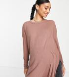 Asos Design Maternity Top With Side Splits And Long Sleeve In Clean Rib In Mink-pink