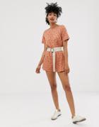 Asos Design Polka Dot Belted T-shirt Romper-multi