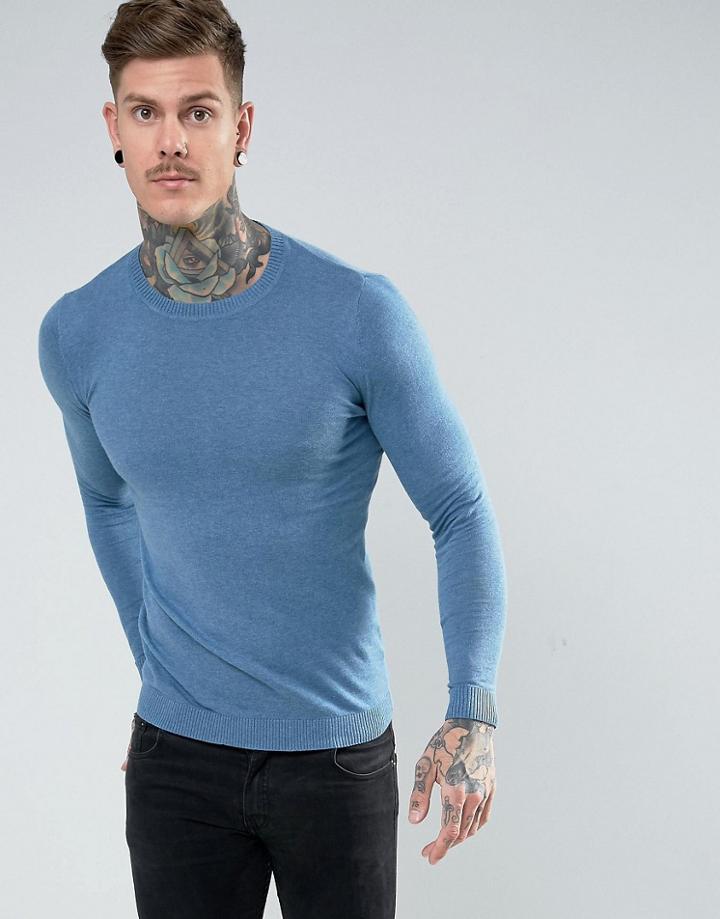 Asos Cotton Muscle Fit Sweater In Pale Blue - Blue