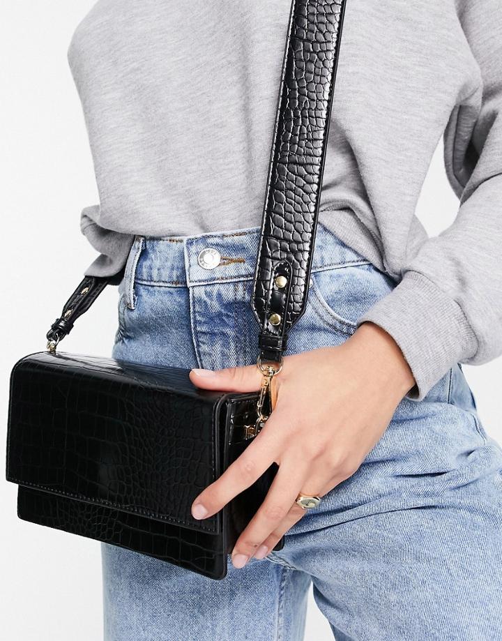 Asos Design Elongated Cross Body Bag In Black Croc