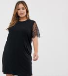 Asos Design Curve Lace Sleeve T-shirt Dress - Black