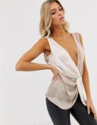 Asos Design Knot Front Color Block Cami In Satin - White