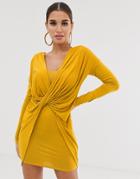 Koco & K Soft Touch Ruched Knot Front Mini Dress In Mustard - Yellow