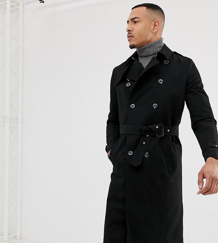 Asos Design Tall Shower Resistant Longline Trench Coat With Belt In Black