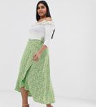 Fashion Union Plus Wrap Midi Skirt In Ditsy Floral - Green