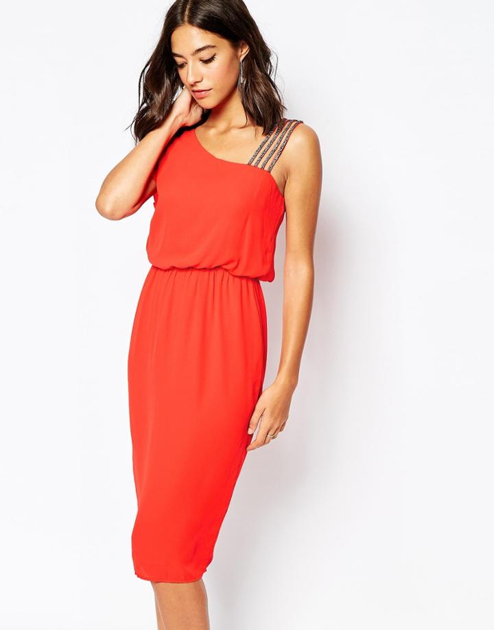 Warehouse One Shoulder Rhinestone Dress - Bright Red