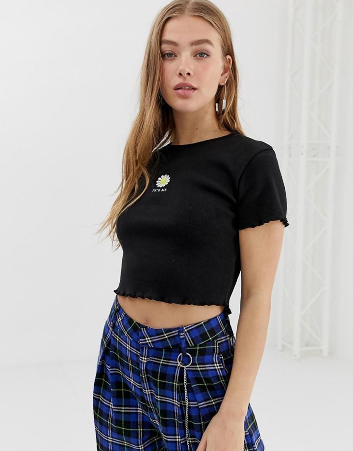 Daisy Street Lettuce Hem Crop Top With Daisy Embroidery - Black