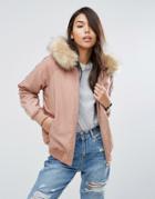 Asos Padded Bomber Jacket With Faux Fur Hood - Pink