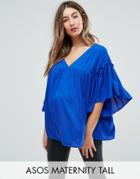Asos Maternity Tall Smock Top With Ruffle Sleeve - Blue