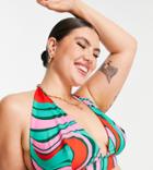 Asos Design Curve Mix And Match Halter Plunge Bikini Top In Swirl Print-multi