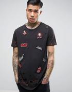 Black Kaviar Longline T-shirt With Distressing And Patches - Black
