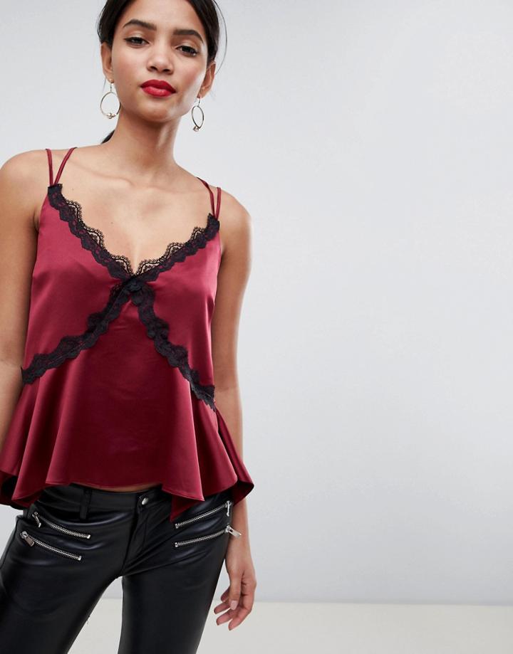 Asos Lace Trim Strappy Asymmetric Cami-red