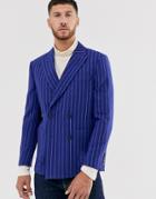 Asos Design Boxy Oversized Double Breasted Wool Mix Blazer With Pinstripe In Navy - Navy
