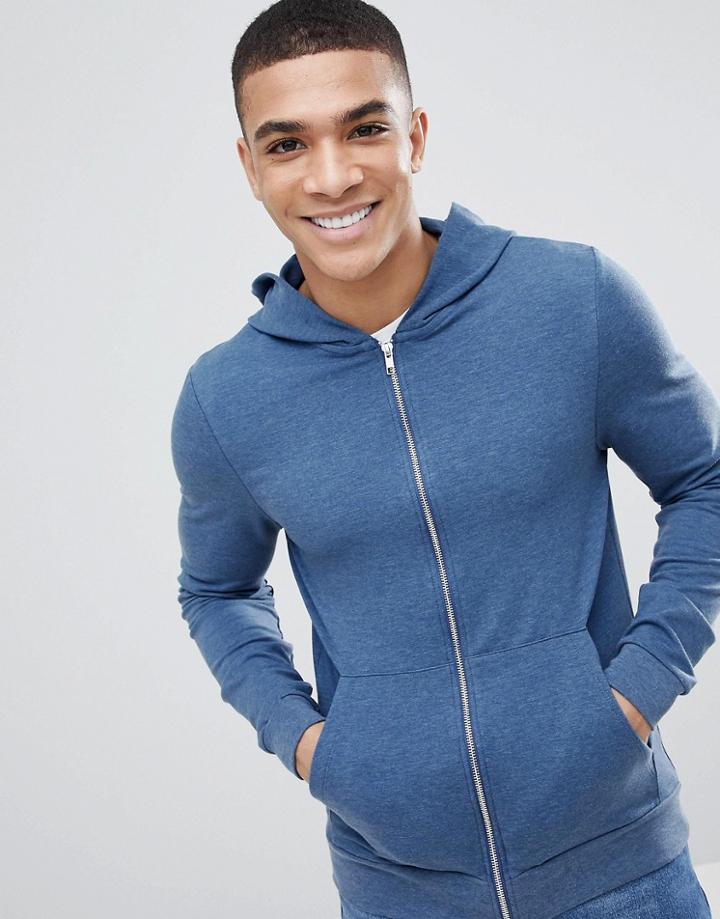 Asos Design Muscle Zip Up Hoodie In Denim Marl - Navy