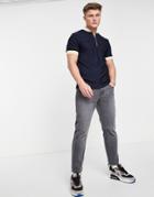 River Island Knit Polo In White With Navy Piping