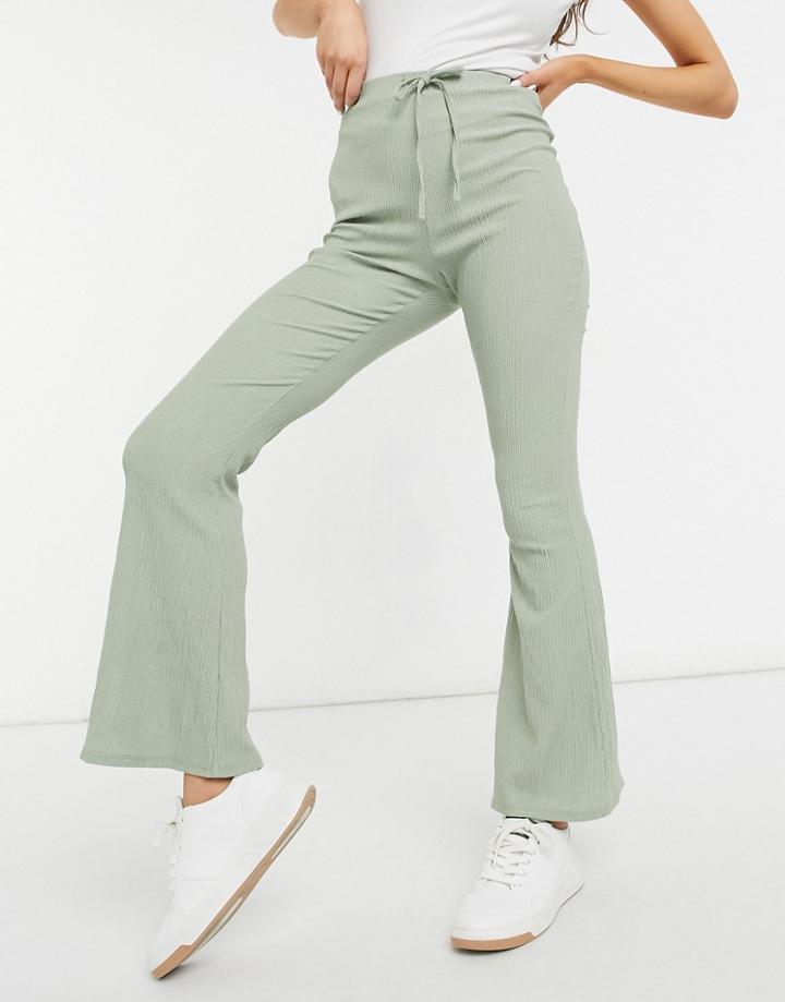 Asos Design Textured Flare Pant With Tie Waist In Sage-green