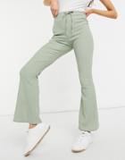 Asos Design Textured Flare Pant With Tie Waist In Sage-green