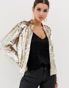 Asos Design Long Sleeve Open Blouse In Sequin - Gold