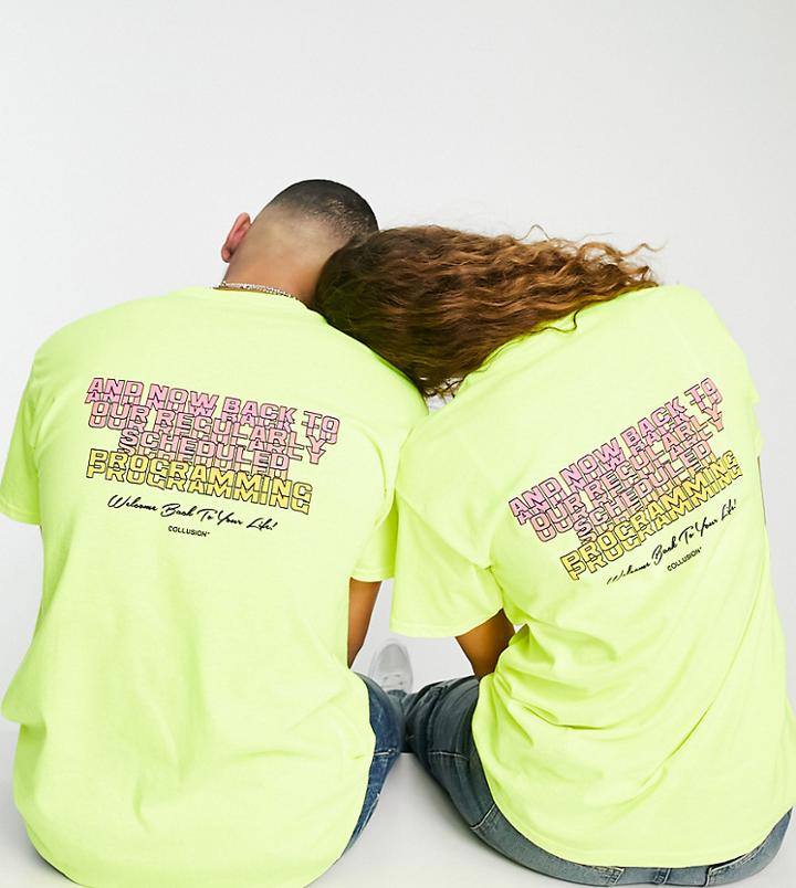 Collusion Unisex Programming Graphic Oversized T-shirt In Neon Yellow