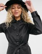 Vila Tie-waist Faux Leather Shirt In Black