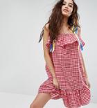 Reclaimed Vintage Inspired Gingham Dress With Ribbon Tie Straps - Red