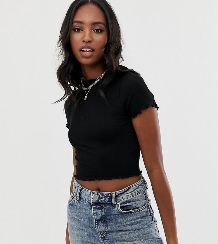 Asos Design Tall Slim Crop T-shirt With High Neck With Lettuce Hem In Black - Black