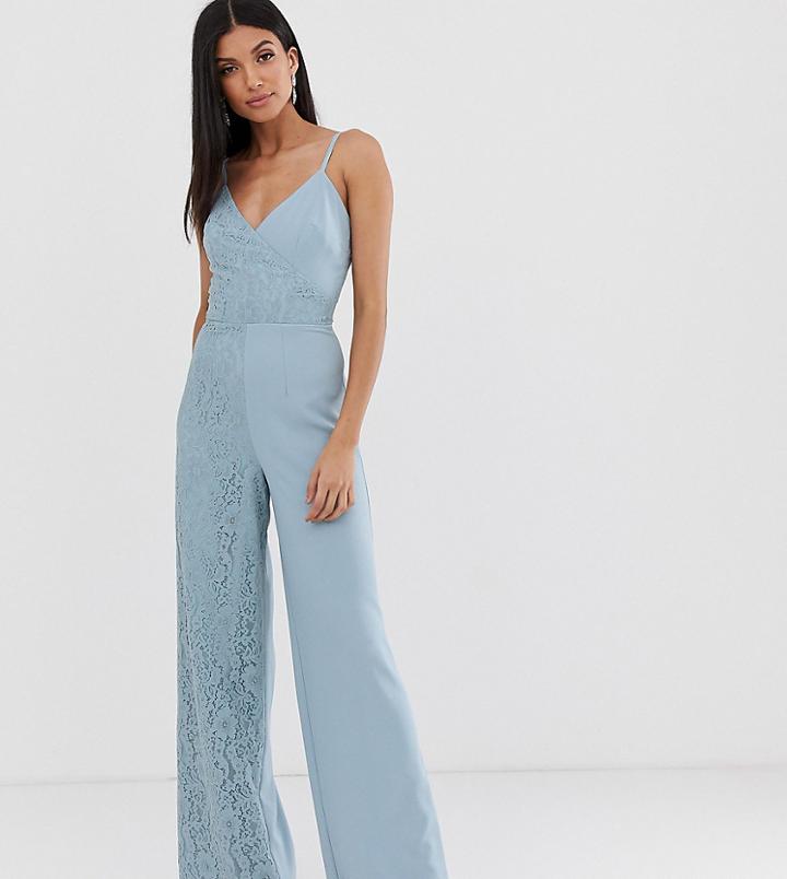Little Mistress Tall Cami Strap Wide Leg Jumpsuit With Lace Detail-blue