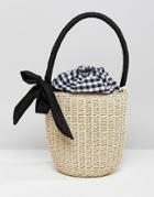 Asos Design Straw Top Handle Basket Bag With Gingham Insert - Stone
