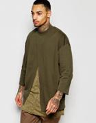 Asos Oversized Sweatshirt With Front Split & Half Sleeve In Khaki - Khaki
