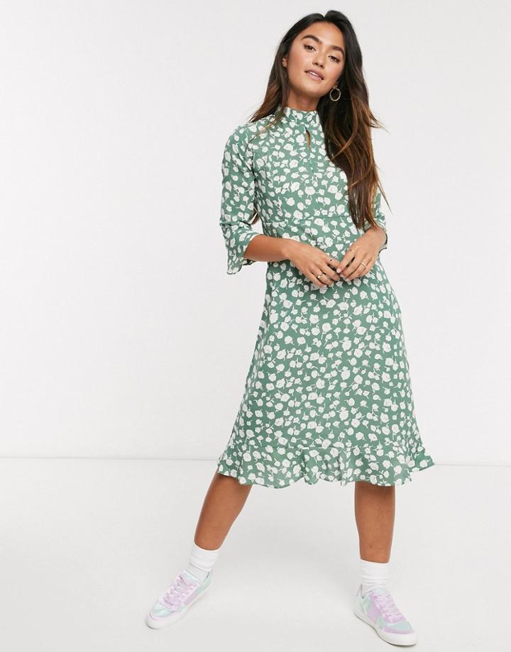 Qed London Frill Hem Midi Dress In Sage Floral-green
