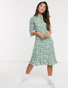 Qed London Frill Hem Midi Dress In Sage Floral-green