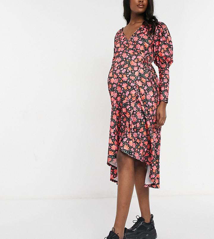 Asos Design Maternity Long Sleeve Detail Midi Dress In Pink Floral