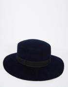 Asos Flat Top Hat In Navy Felt With Wide Brim - Navy