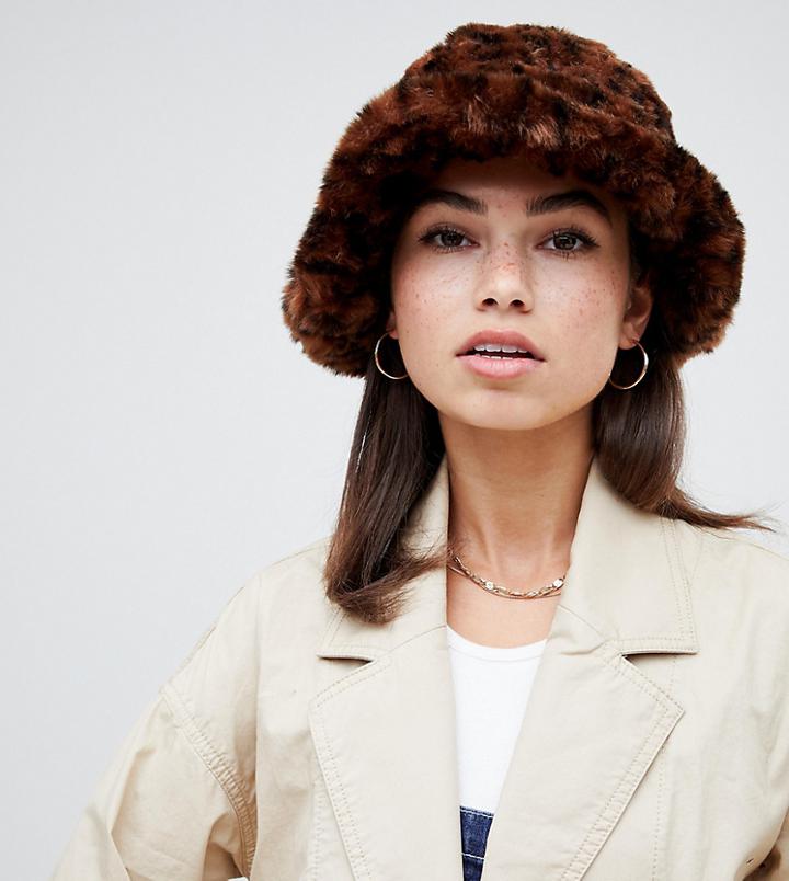 Kangol Faux Fur Casual Bucket Hat In Leopard Print - Multi