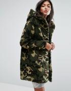 Pull & Bear Faux Fur Camo Hooded Jacket - Green