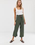 Asos Design Cropped Wide Leg Pants With Textured Buckle - Green