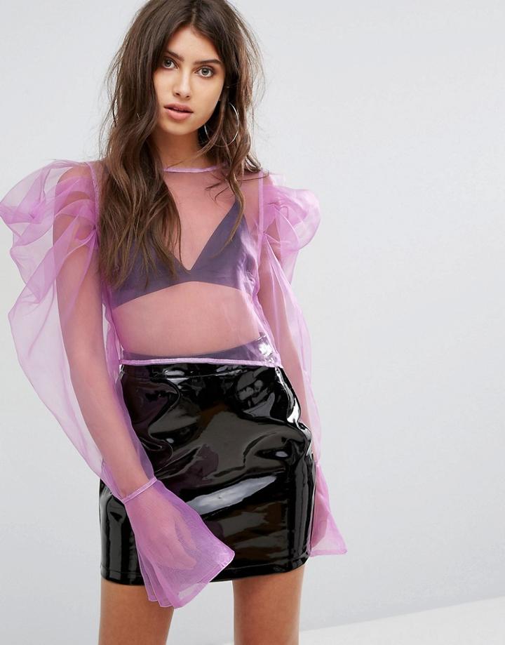 Prettylittlething Organza Sheer Blouse With Shoulder Detail - Pink