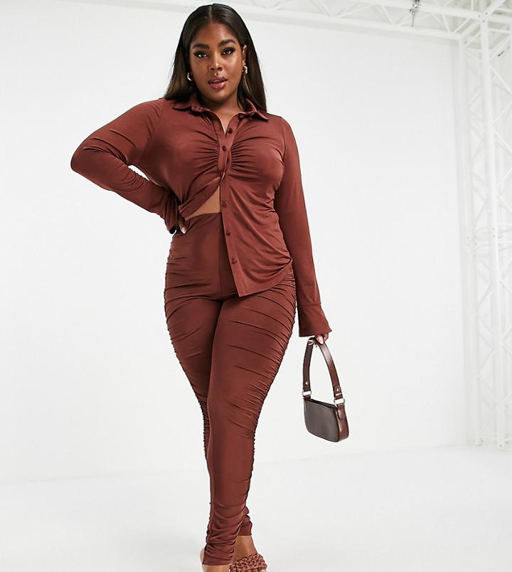 Asos Design Curve Slinky Contoured Legging With Ruching-brown