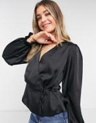 New Look Satin Wrap Puff Sleeve Blouse In Black
