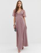 Asos Design Maxi Dress With Flutter Sleeve And All Over Lace Insert - Multi