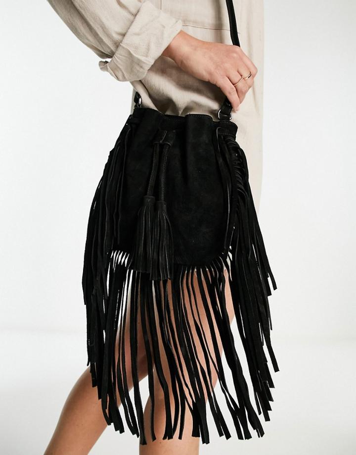 Urbancode Suede Fringe Crossbody Bag In Black