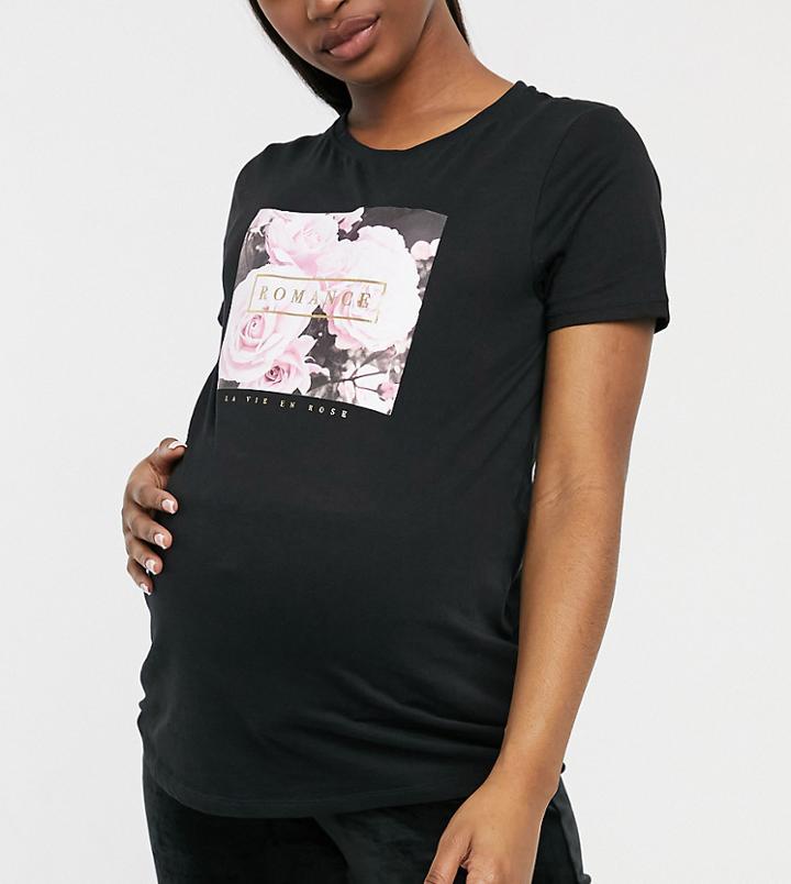 New Look Maternity Roses Motif Tee In Black