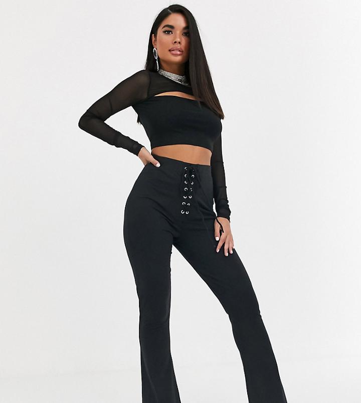 Missguided Petite Lace Up Waist Detail Flared Pants In Black