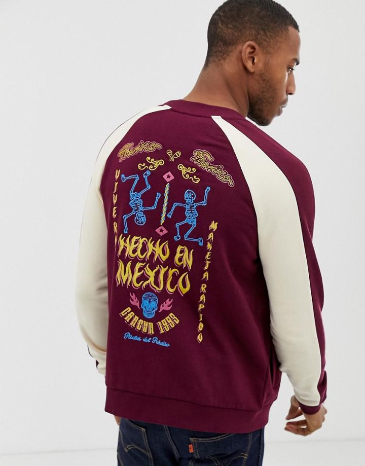 Asos Design Jersey Bomber Jacket With Mexico Embroidered Back Design - Red