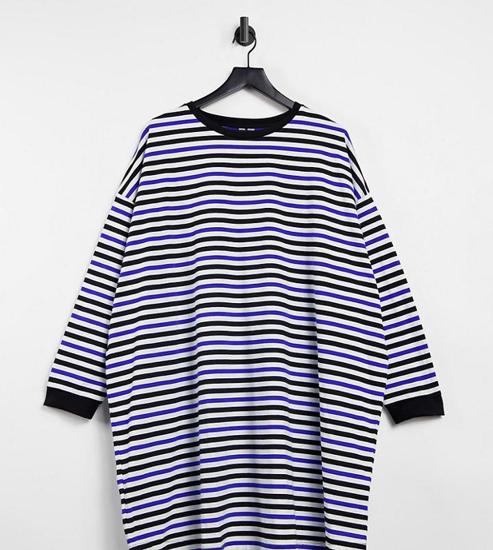 Asos Design Curve Oversized Long Sleeve T-shirt Dress In Blue Black And White Stripe-multi