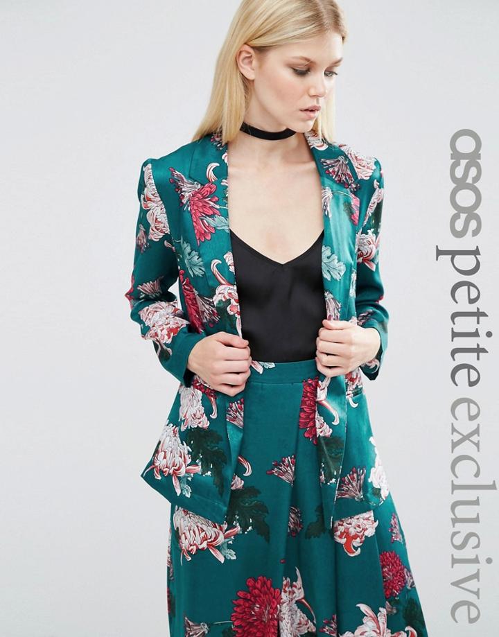 Asos Petite Satin Soft Jacket In Japanese Floral Print - Green