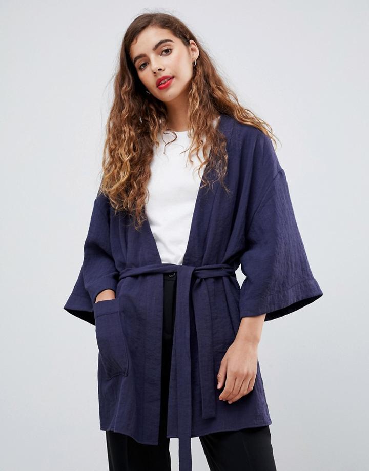 Monki Longline Kimono Blouse In Navy - Navy