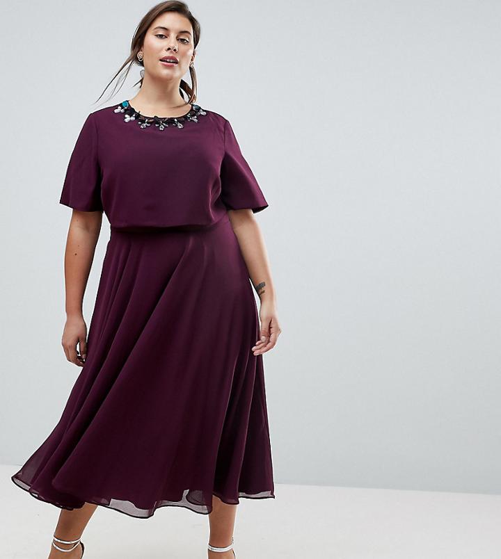 Asos Curve 3d Embellished Crop Top Midi Skater Dress - Red