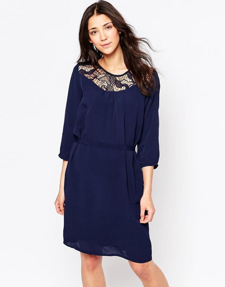 Ichi Belted Shift Dress With Lace Yoke - Navy