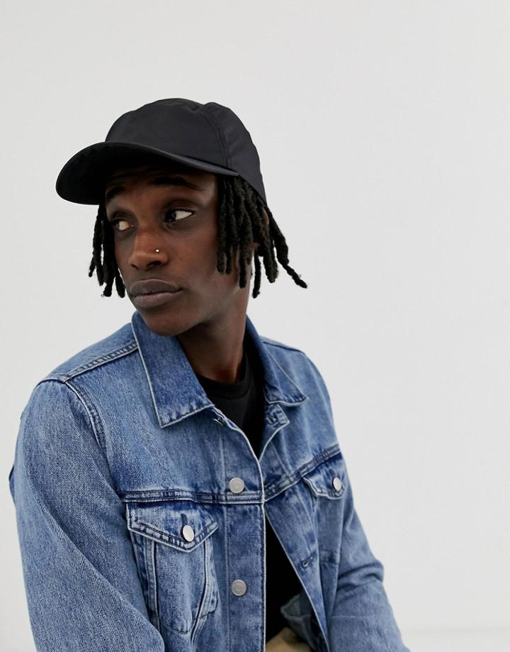Asos Design 5 Panel Cap In Black Nylon - Black